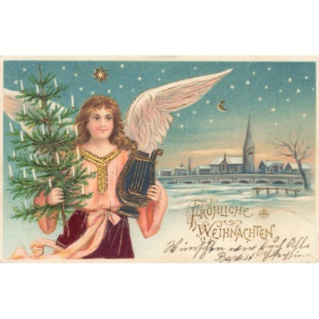 n°28931 - Carte Gaufrée - Noël - Fröhliche Weihnachten -Ange gardien tenant un sapin et une lyre