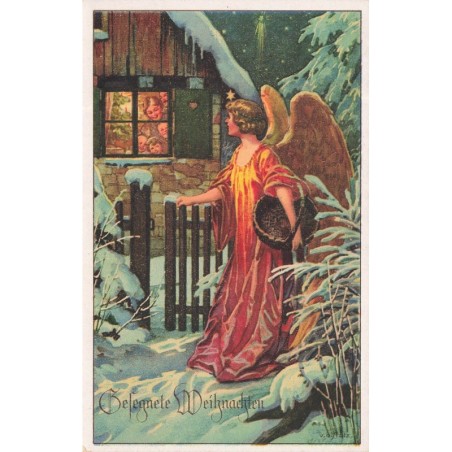 n°28935 - Noël - Gesegnete Weihnachten - Ange gardien près d'une maison éclairée