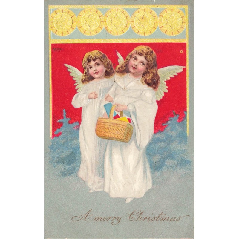 n°28936 - Carte Gaufrée - Noël - A Merry Christmas - Anges apportant des paquets dans un panier