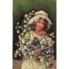 n°28942 - Carte Gaufrée - Fantaisie - Amitié - Jeune fille avec des violettes et des brins de muguet