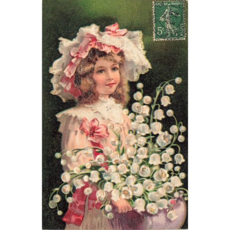 n°28943 - Carte Gaufrée - Fantaisie - Amitié - Jeune fille avec des brins de muguet