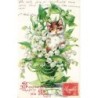 n°28944 - Carte Gaufrée - Fantaisie - Souvenir de Mai - Chat au milieu de brins de muguet