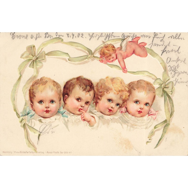 n°28946 - Carte Gaufrée - Fantaisie - Stroefer's - Ange tenant un ruban autour de bébés