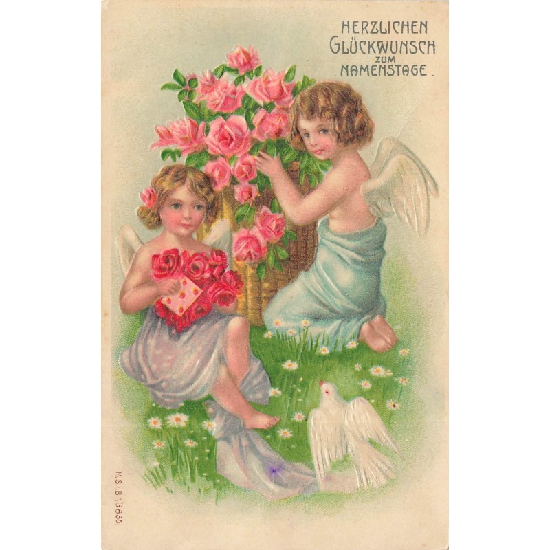 n°28948 - Carte Gaufrée -Anniversaire - MSIB 13835 - Anges préparant des roses