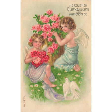 n°28948 - Carte Gaufrée -Anniversaire - MSIB 13835 - Anges préparant des roses
