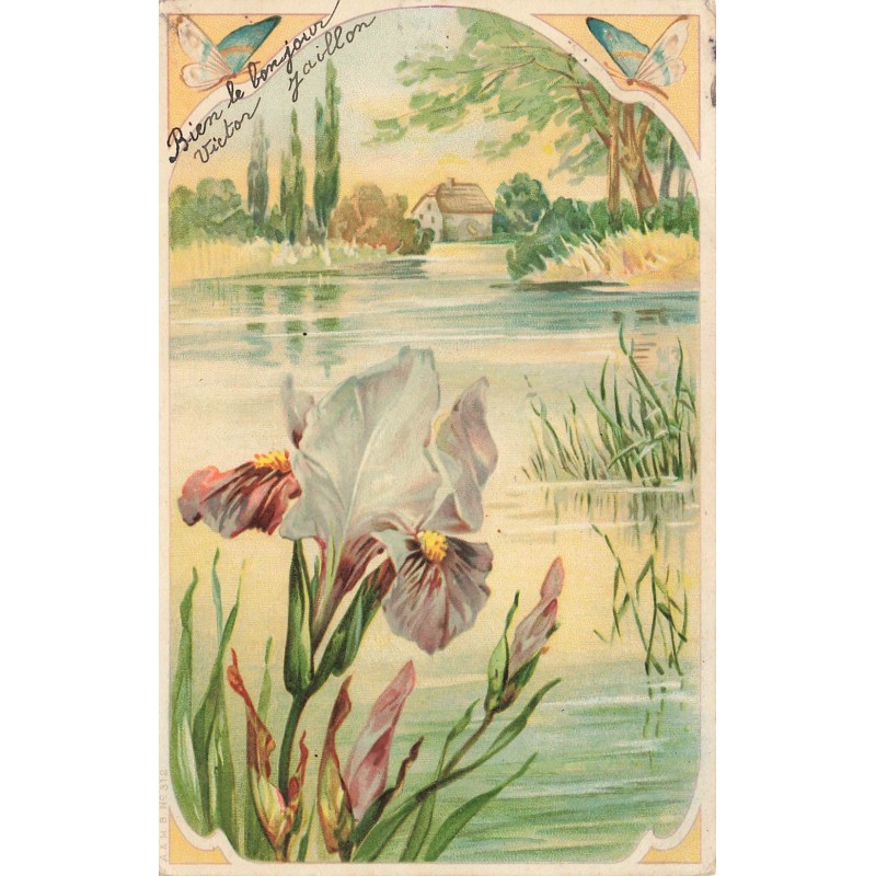 n°28949 - Fantaisie - Art Nouveau - Iris dans un étang - Papillons