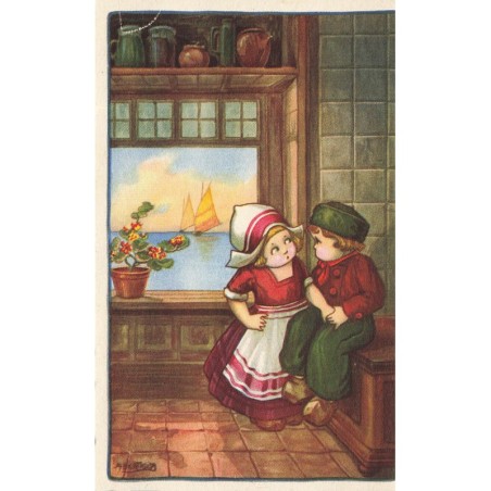 n°28952 - Illustrateur - Bertiglia - Jeune couple hollandais dans une pièce, par la fenêtre des voiliers