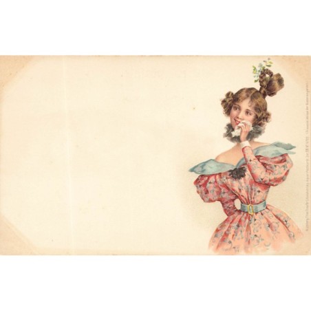 n°28960 - Fantaisie - Stroefer's - Jeune femme portant une robe rose avec des motifs bleu, tenant un mouchoir