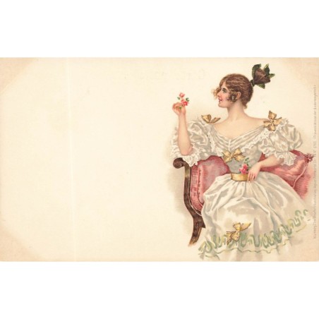 n°28963 - Fantaisie - Stroefer's - Jeune femme assise sur une chaise portant une robe blanche ornée de noeuds dorés