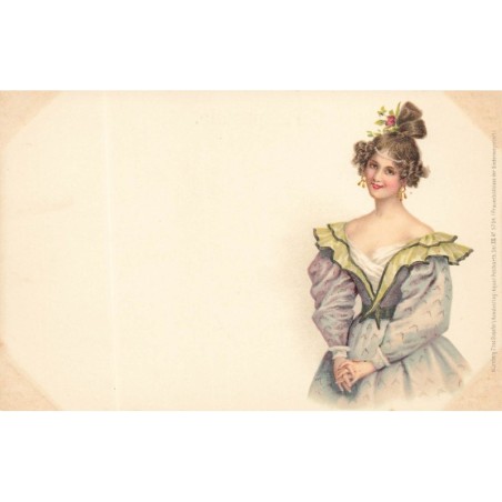 n°28964 - Fantaisie - Stroefer's - Jeune femme portant une robe blanche avec des motifs mauves