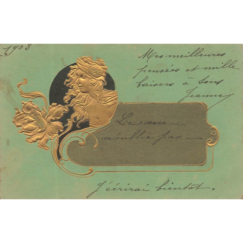 n°28965 - Carte Gaufrée - Art Nouveau - Jeune femme et une fleur dans un médaillon