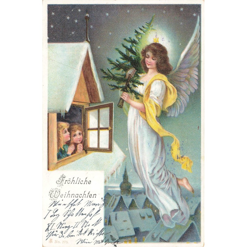 n°28966 - Fröhliche Weihnachten - Enfants à une fenêtre attendant un ange gardien apportant un sapin