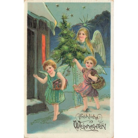 n°28968 - Fröhliche Weihnachten - Anges et un ange gardien à une porte, apportant des cadeaux et un sapin