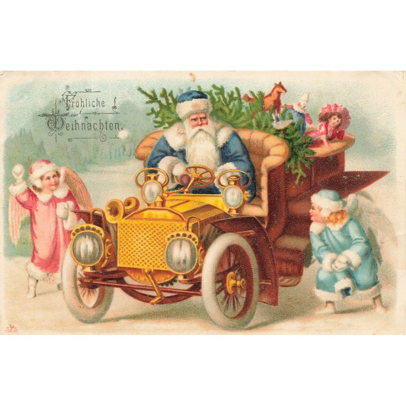 n°28969 - Fröhliche Weihnachten - Père Noël conduisant une voiture, anges faisant une bataille de boules de neige