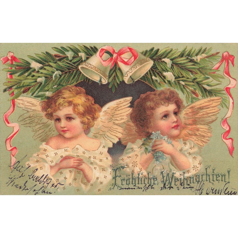 n°28970 - Clapsaddle - Fröhliche Weihnachten - Deux anges sous des cloches, et branches de sapin