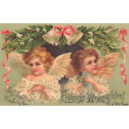 n°28970 - Clapsaddle - Fröhliche Weihnachten - Deux anges sous des cloches, et branches de sapin