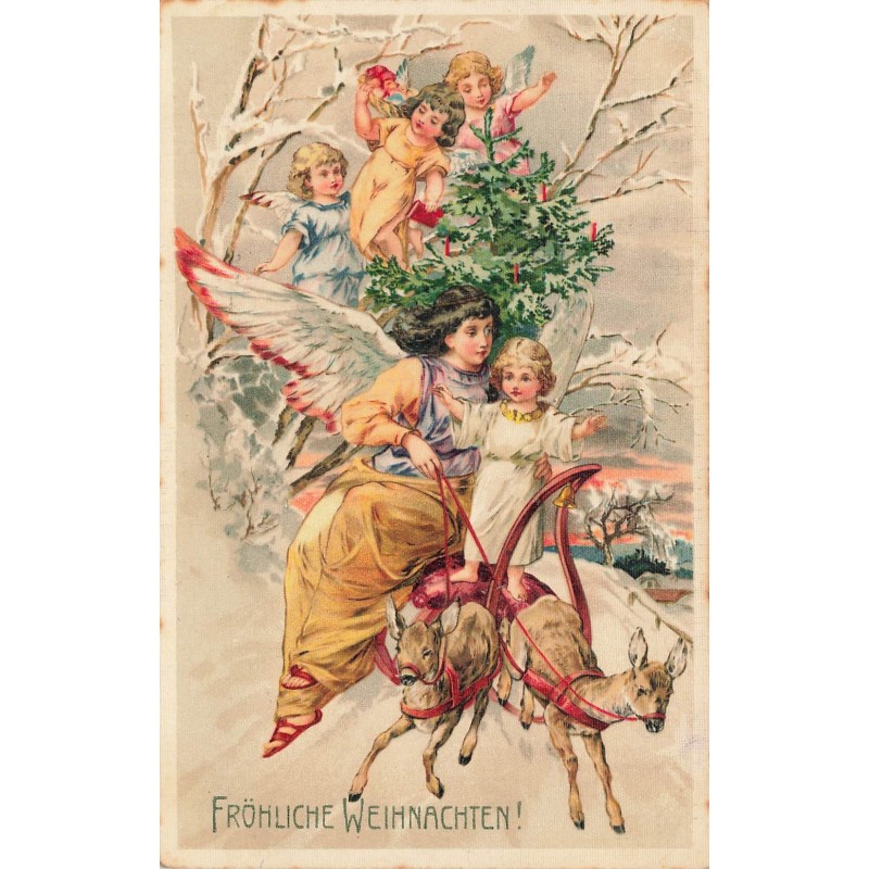 n°28971 - Fröhliche Weihnachten - Ange gardien et anges sur une luge tirée par des biches