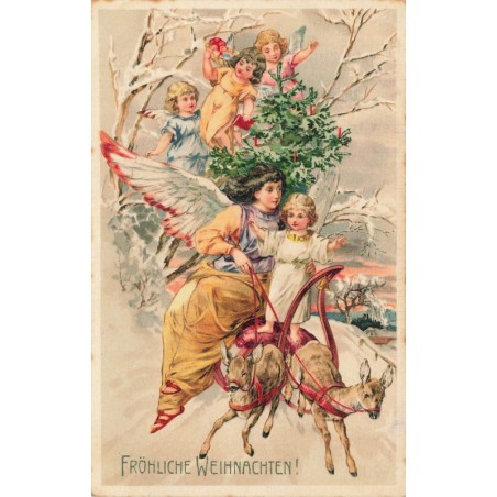 n°28971 - Fröhliche Weihnachten - Ange gardien et anges sur une luge tirée par des biches