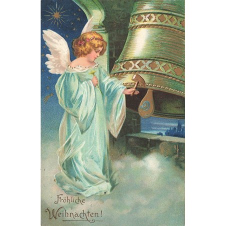 n°28972 - Carte Gaufrée - Clapsaddle - Fröhliche Weihnachten - Ange frappant sur le marteau d'une cloche