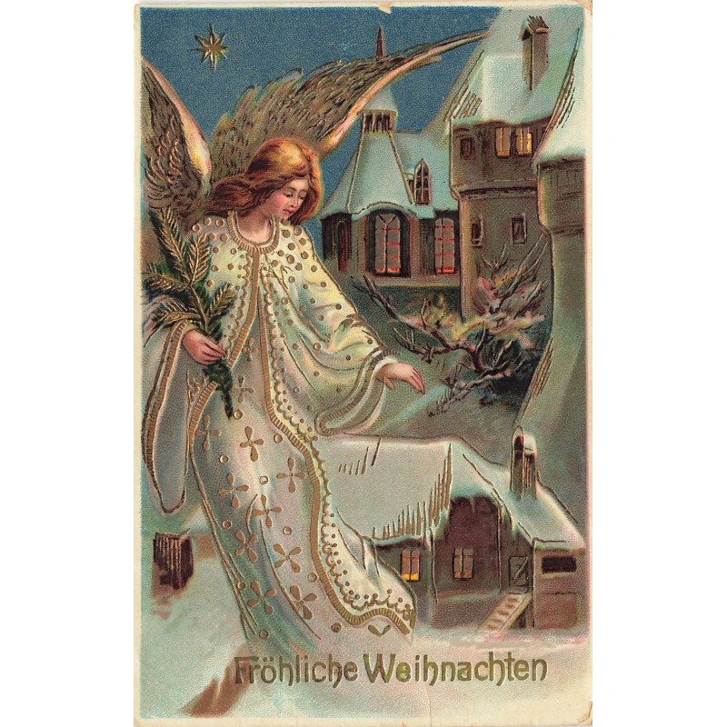 n°28973 - Carte Gaufrée - Fröhliche Weihnachten - Ange gardien veillant sur une maison