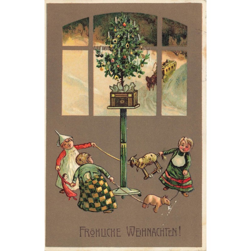 n°28975 - Carte Gaufrée - Fröhliche Weihnachten - Enfants faisant une ronde avec leurs jouets, autour d'un sapin