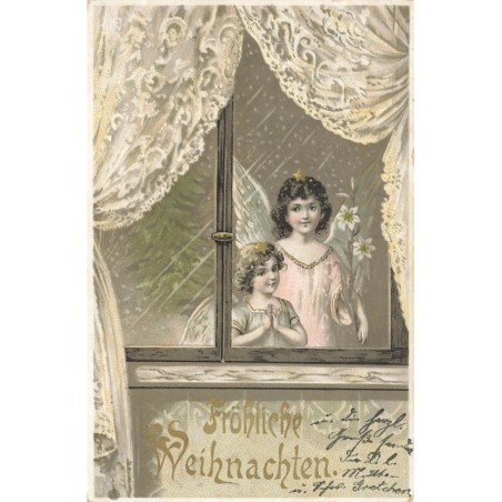 n°28976 - Carte Gaufrée - Fröhliche Weihnachten - Anges derrière une fenêtre avec des rideaux