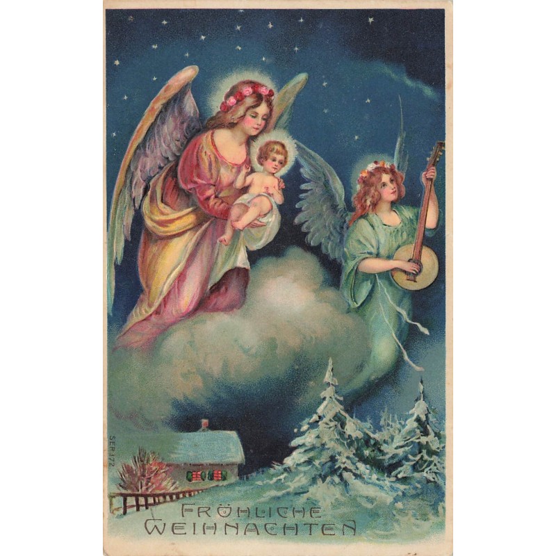 n°28977 - Carte Gaufrée - Fröhliche Weihnachten - Anges gardiens dans le ciel, l'un portant un nouveau né