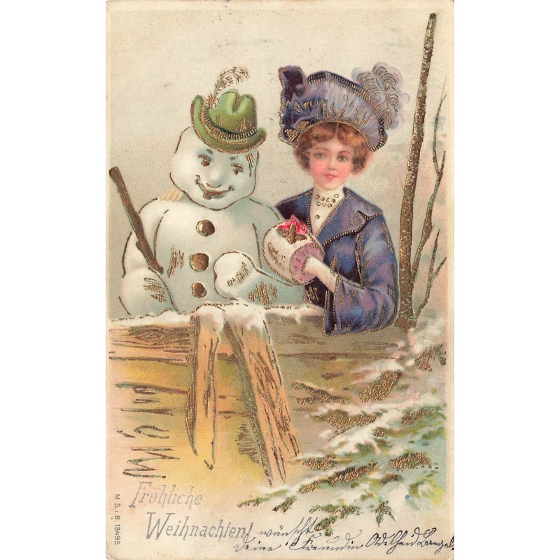 n°28979 - Carte Gaufrée - MSIB 13495 - Fröhliche Weihnachten - Femme et un bonhomme de neige bras dessus bras dessous