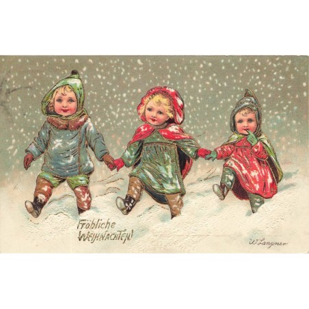 n°28980 - Carte Gaufrée - Fröhliche Weihnachten - Enfants se promenant sous la neige