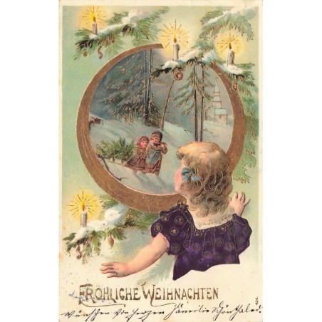 n°28981 - Carte Gaufrée - Fröhliche Weihnachten - Fillette regardant deux enfants marchant dans la neige