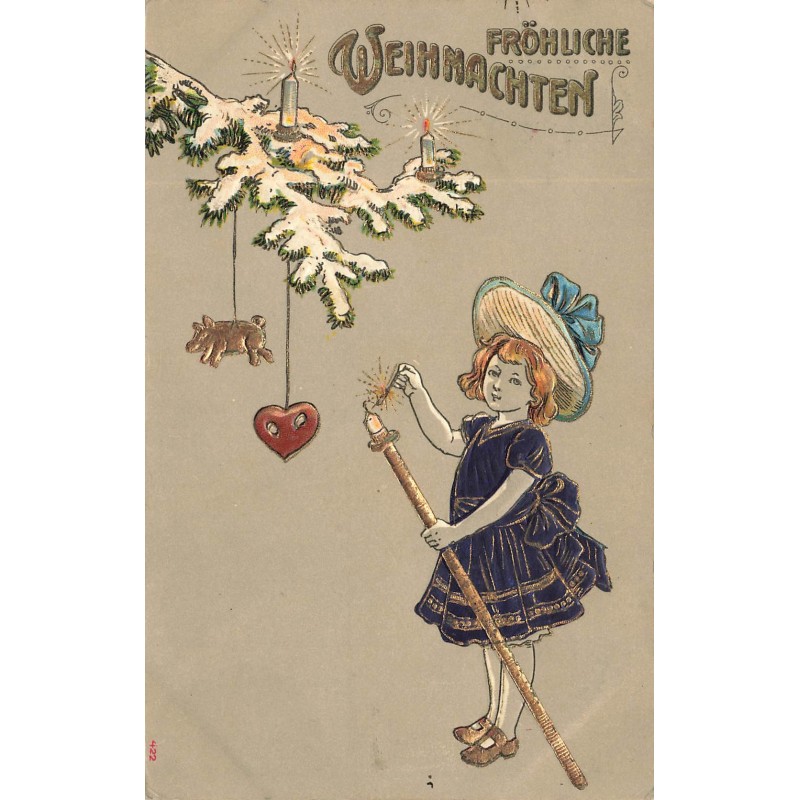 n°28982 - Carte Gaufrée - Fröhliche Weihnachten - Fillette allumant une bougie