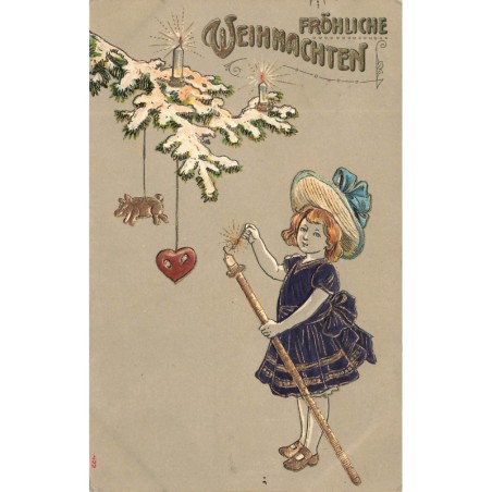 n°28982 - Carte Gaufrée - Fröhliche Weihnachten - Fillette allumant une bougie