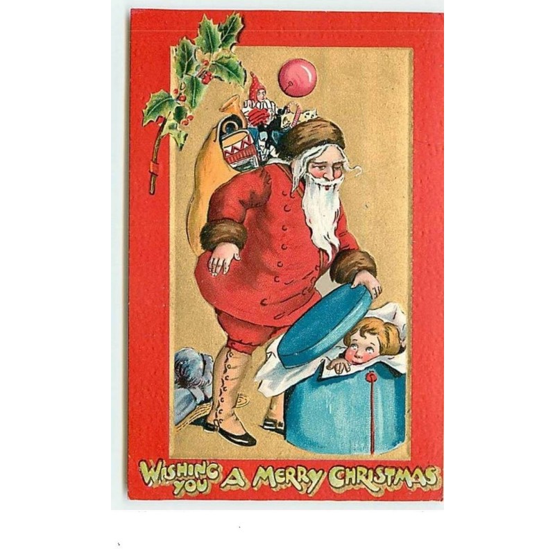 n°13531 - Carte Gaufrée - Wishing you a Merry Christmas - Père Noël ouvrant une boite avec un enfant dedans