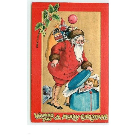 n°13531 - Carte Gaufrée - Wishing you a Merry Christmas - Père Noël ouvrant une boite avec un enfant dedans