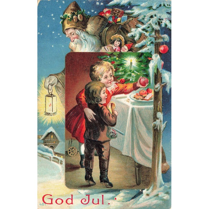 n°28986 - Carte Gaufrée - God Jul - Père Noël apportant des cadeaux, et enfants près d'une table