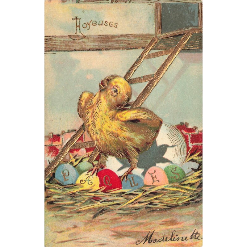 n°28988 - Carte Gaufrée - Joyeuses Pâques - Poussin au milieu d'oeufs colorés dans un nid
