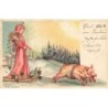 n°28990 - Fantaisie - Jeune femme debout sur une luge tirée par des cochons