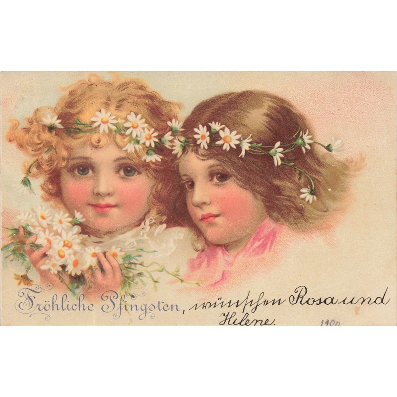 n°28993 - Pentecôte - Style Brundage, Barnes - Deux jeunes filles avec des couronnes de fleurs dans les cheveux
