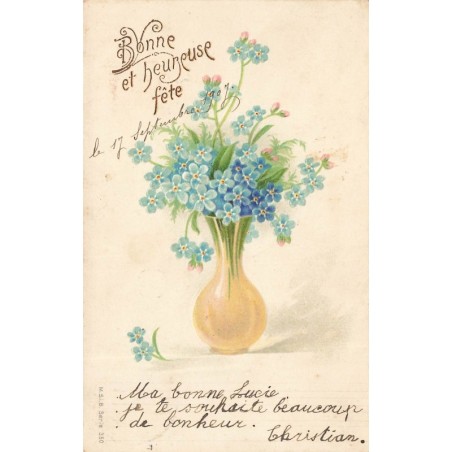 n°28999 - Carte Gaufrée - MSIB 350 - Myosothis dans un vase - Bonne et heureuse fête
