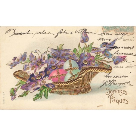 n°29000 - Carte Gaufrée - MSIB 13517 - Joyeuses Pâques - Oeufs et Violettes dans un panier