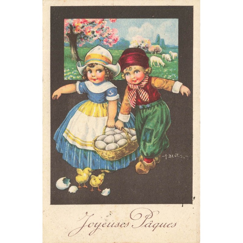 n°29001 - Illustrateur - Bertiglia - Joyeuses Pâques - Couple de petits hollandais portant un panier rempli d'oeufs