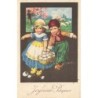 n°29001 - Illustrateur - Bertiglia - Joyeuses Pâques - Couple de petits hollandais portant un panier rempli d'oeufs