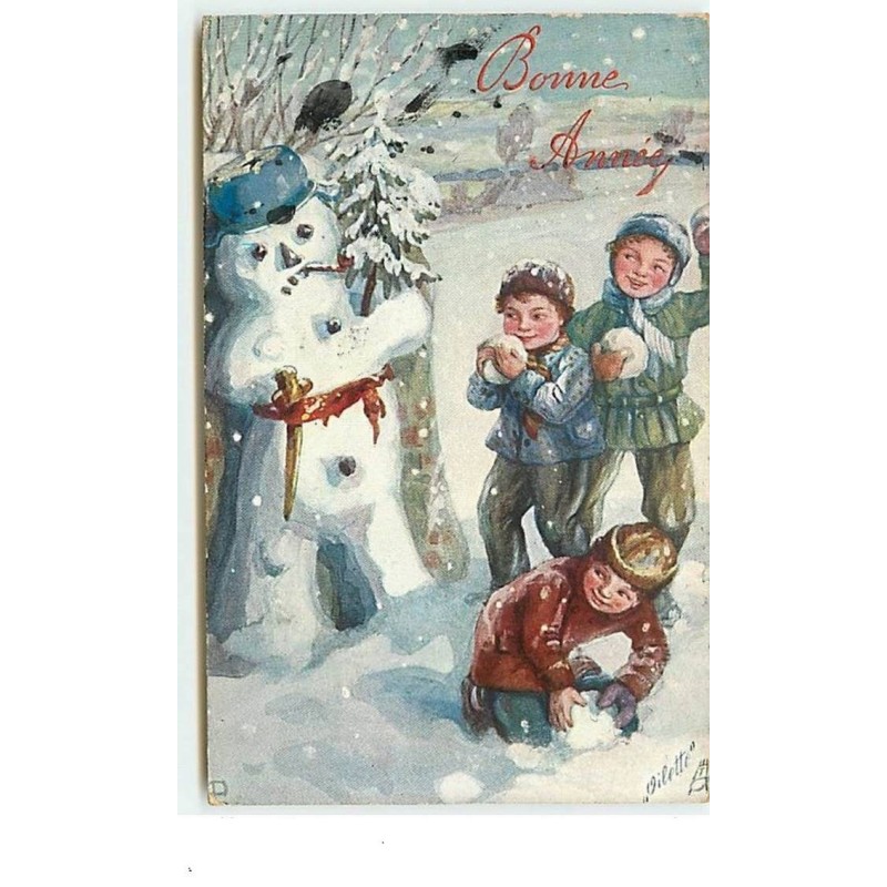 n°13539 - Bonne Année - Enfants faisant des boules de neige pour les lancer sur un bonhomme de neige - Oilette