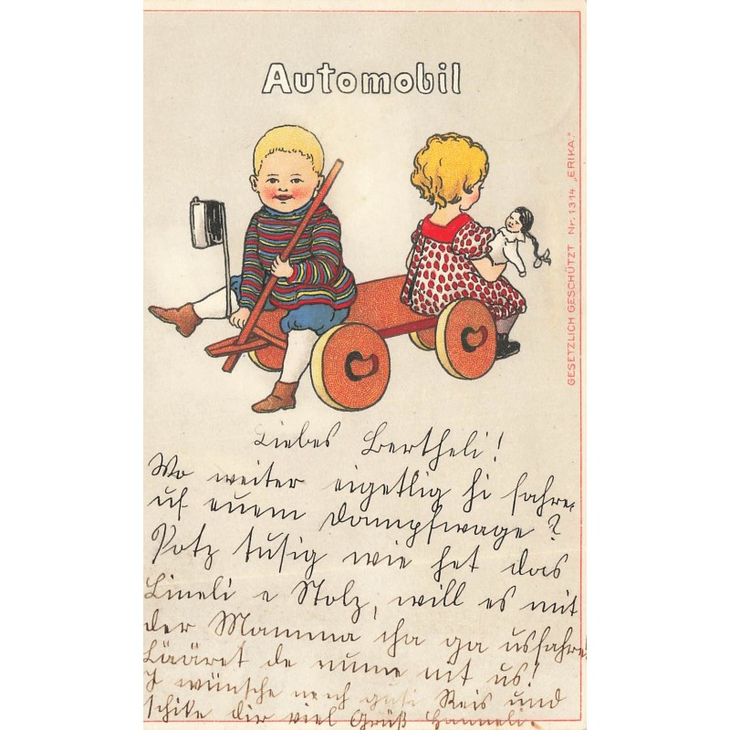 n°29009 - Illustrateur Caspari - Automobil - Enfants dos à dos assis sur une planche avec des roues