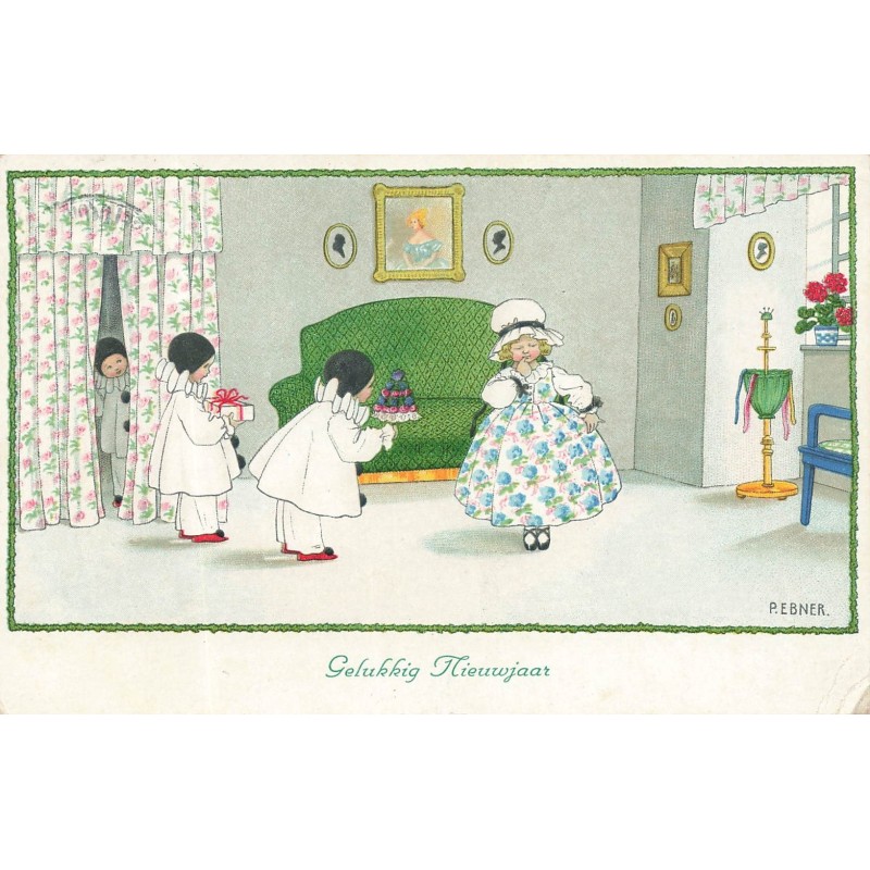 n°29010 - Pauli Ebner - MM Vienne 1235- Gelukkig Nieuwjaar - Des petits Pierrots apportant des cadeaux à une jeune fille