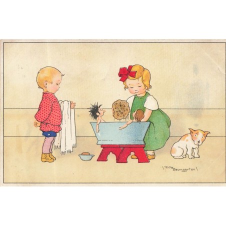n°29012 - Illustrateur F. Baumgarten - Fillette lavant ses poupées, aidée par un jeune garçon