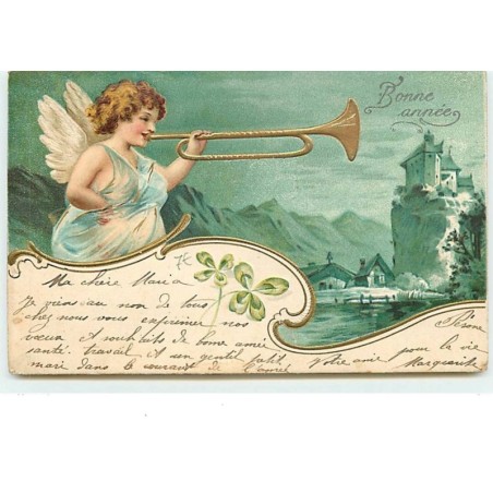 n°13540 - Carte Gaufrée - Bonne Année - Ange jouant de la trompette