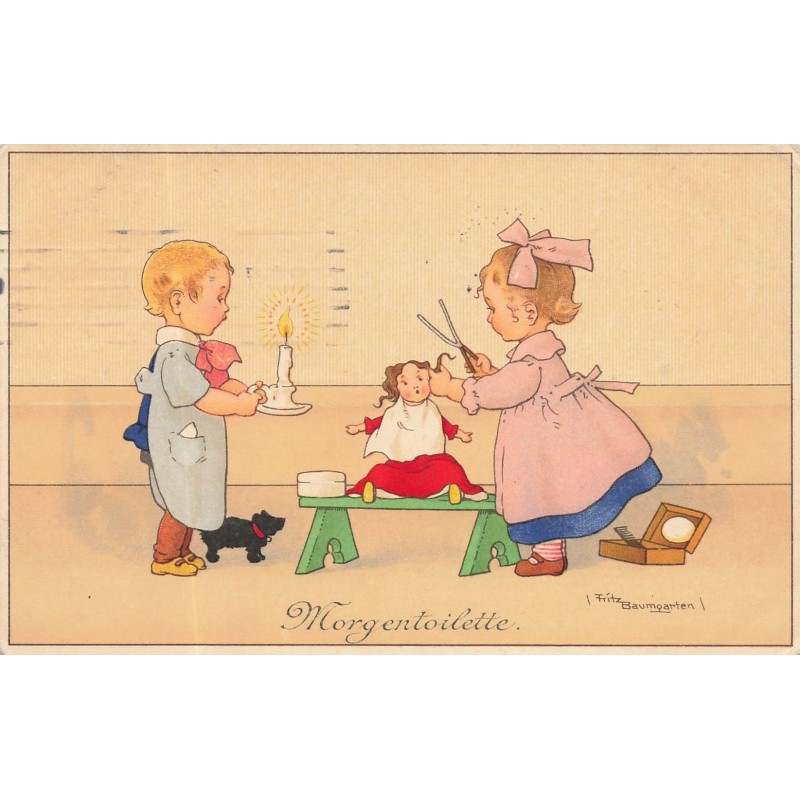 n°29013 - Illustrateur F. Baumgarten - Morgentoilette - Fillette coupant les cheveux de sa poupée