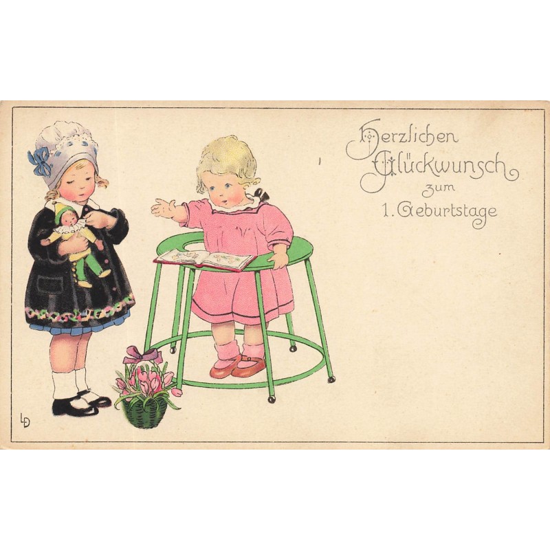 n°29015 - Illustrateur Lia Doring - Herzlichen Glückwunsch zum Geburtstage - Fillettes, l'une tenant sa poupée
