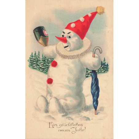 n°29016 - Nouvel An - Bonhomme de neige humanisé tenant une bouteille de champagne